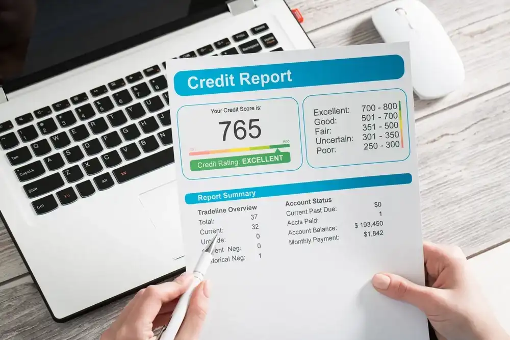 A credit report showing a good credit score of 765