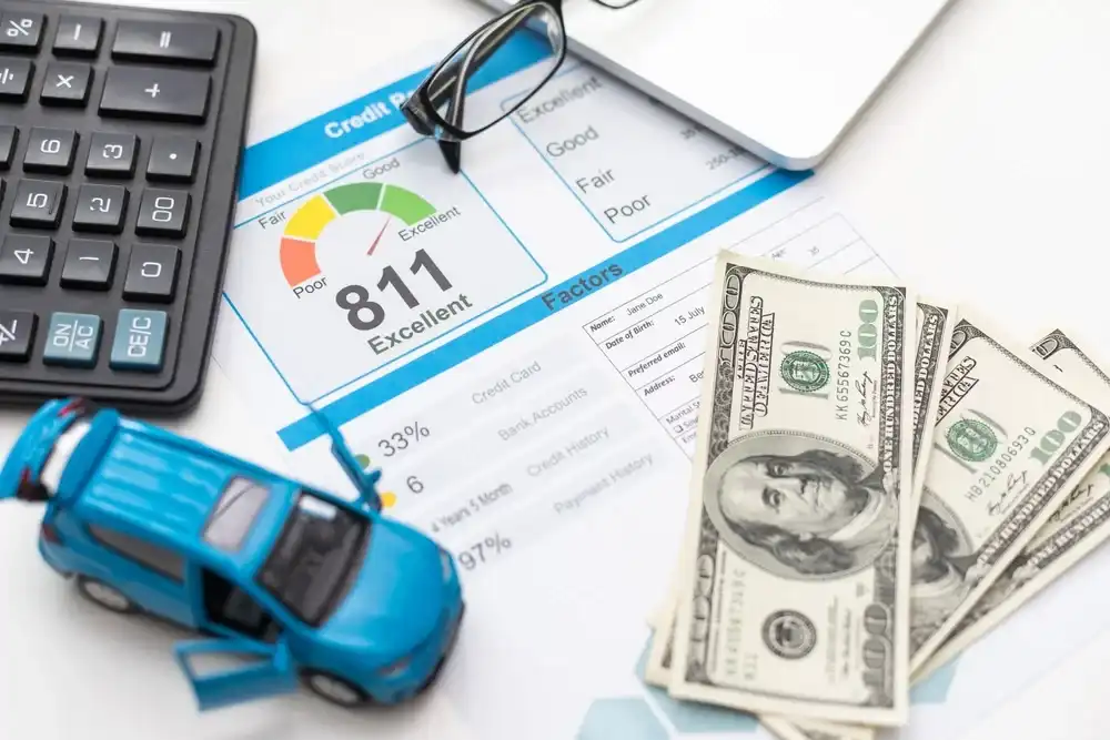 Hundred dollar bills, a calculator, and a toy car atop a credit report