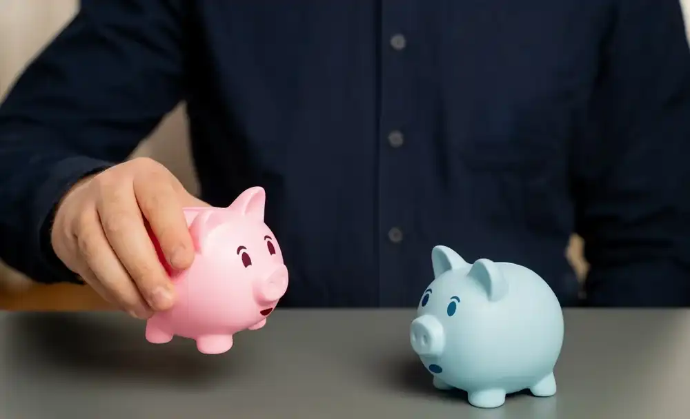 Someone placing a pink piggy bank next to a blue one