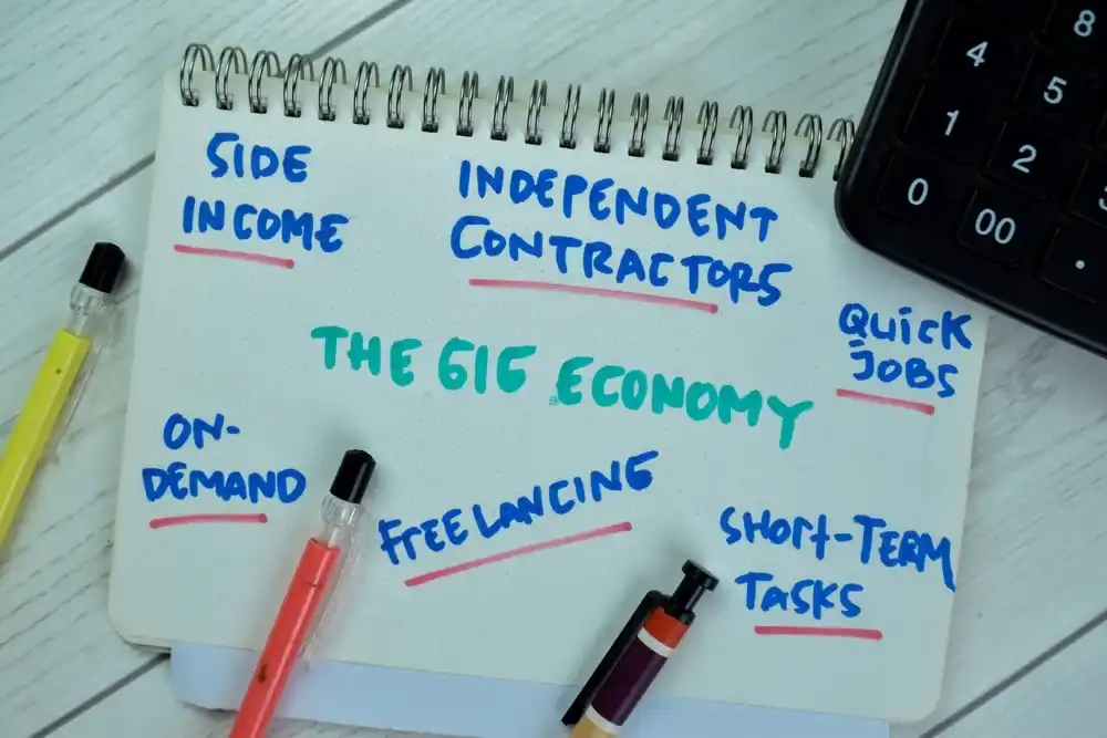 A whiteboard that reads "Gig Economy"