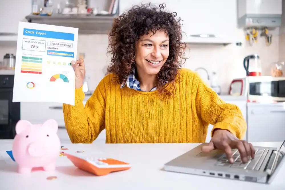 Woman showing her improved credit score after getting an installment loan